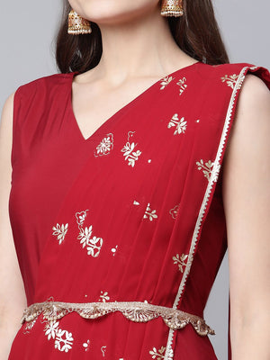 Ahalyaa Women Maroon Crepe Georgette Printed Saree Dress With Printed Pallu - Distacart