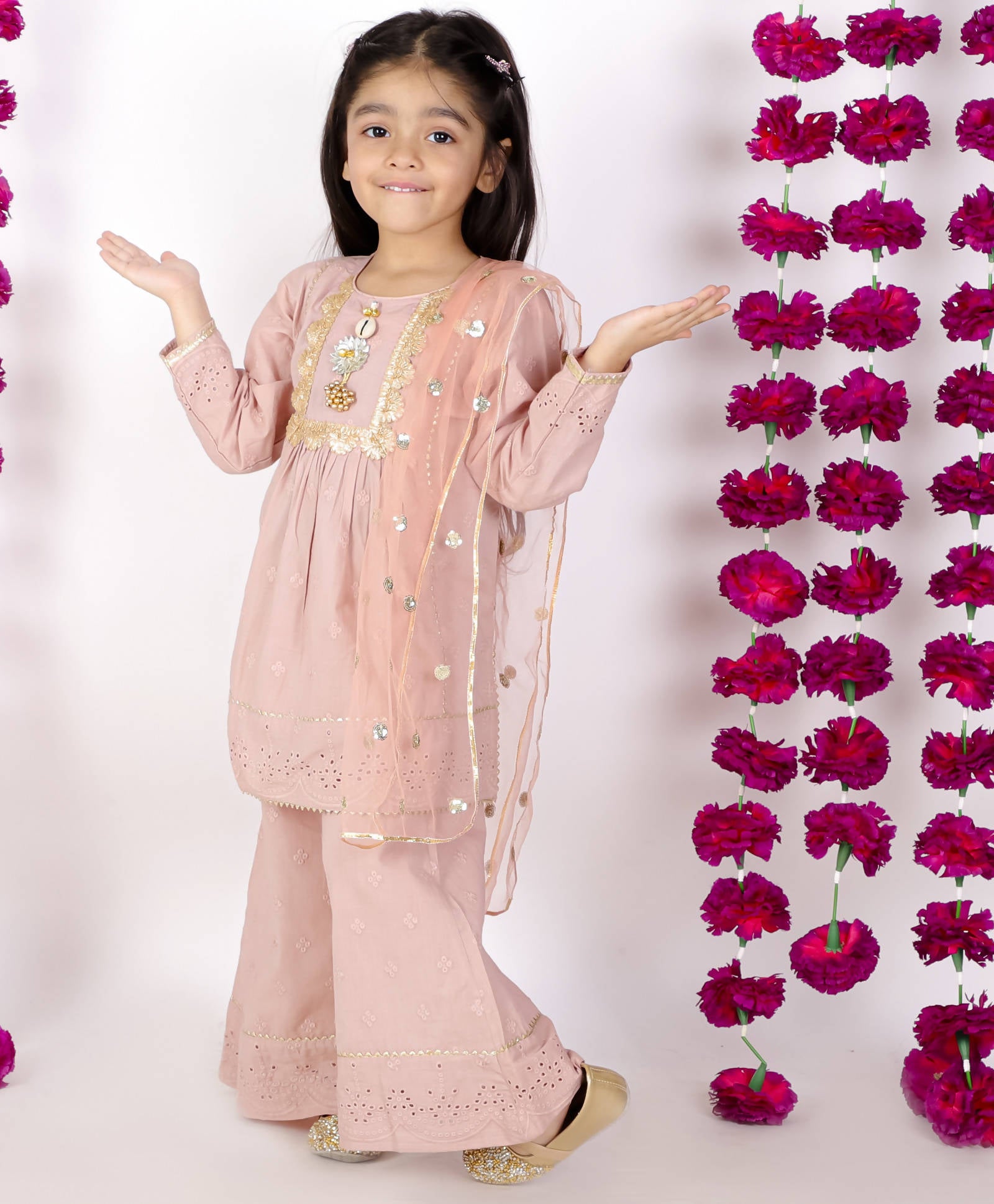 Little Bansi Brown Tussel work Schiffli Kurta Frock with Plazzo and Dupatta