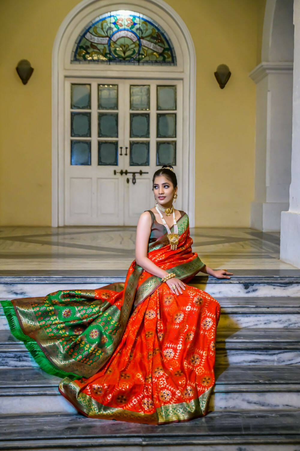 Vishnu Weaves Women's Red Patola Banarasi Silk Meenakari Zari Woven Saree with Blouse - Distacart