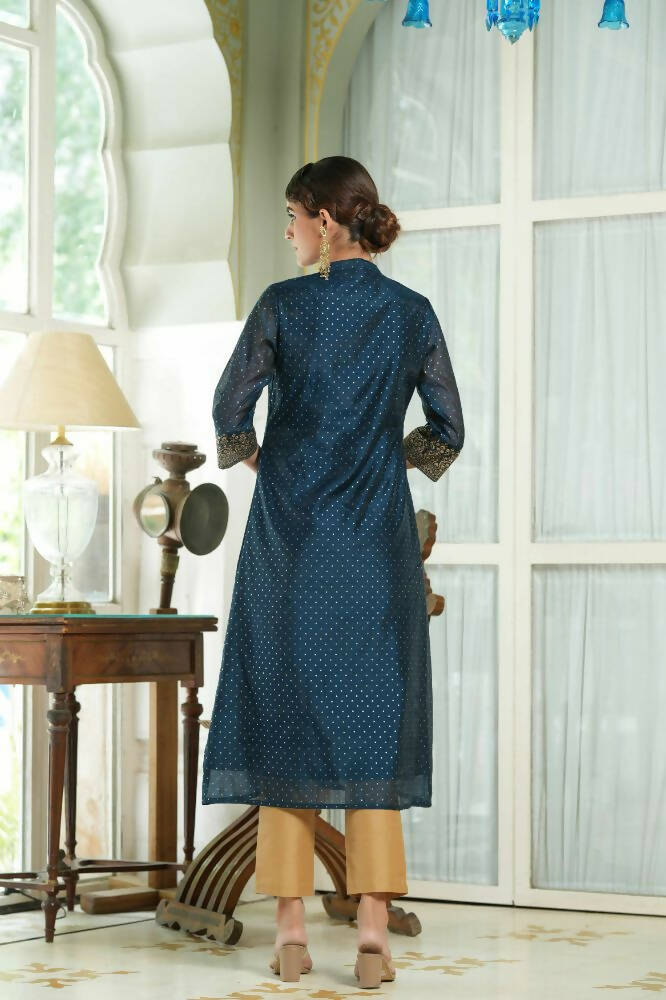 Juniper Blue Chanderi Festive Embroidered Polka Dot Printed A-Line Kurta For Women - Distacart