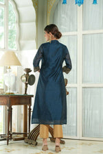 Thumbnail for Juniper Blue Chanderi Festive Embroidered Polka Dot Printed A-Line Kurta For Women - Distacart