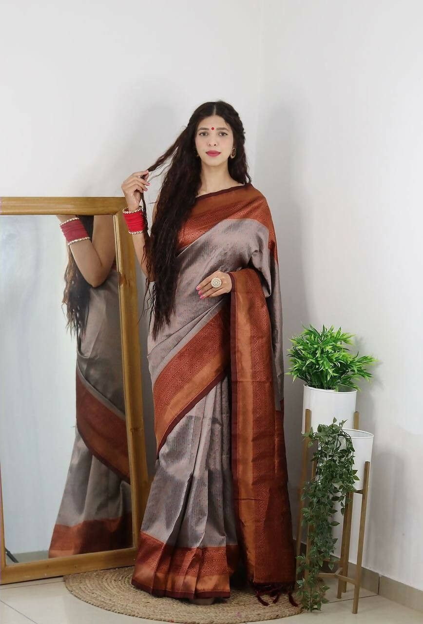 DEIANA'S Beautiful Golden Jari with New Design Soft Lichi Silk Saree - Cream - Distacart