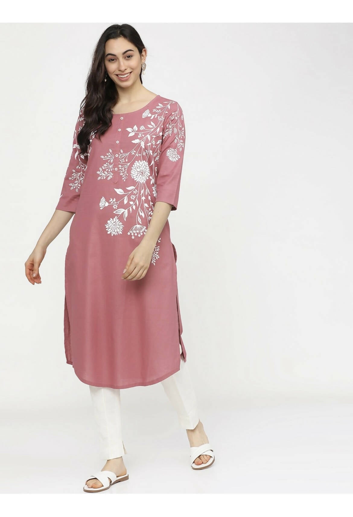Cheera Embellished Daily Wear Cotton Blend Kurta - Peach - Distacart