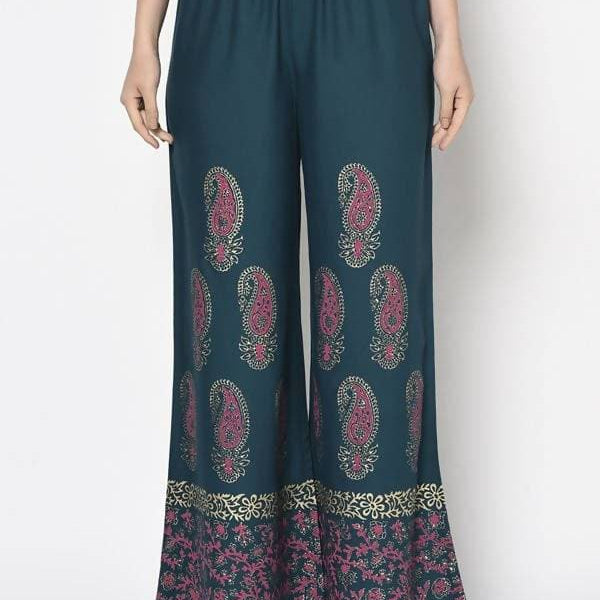Aniyah Rayon Teal Blue Color Block Print Flared Slip-On Palazzo (AN-222K)