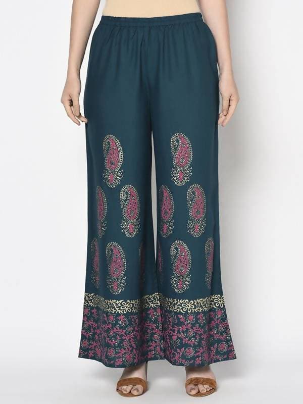 Aniyah Rayon Teal Blue Color Block Print Flared Slip-On Palazzo (AN-222K)