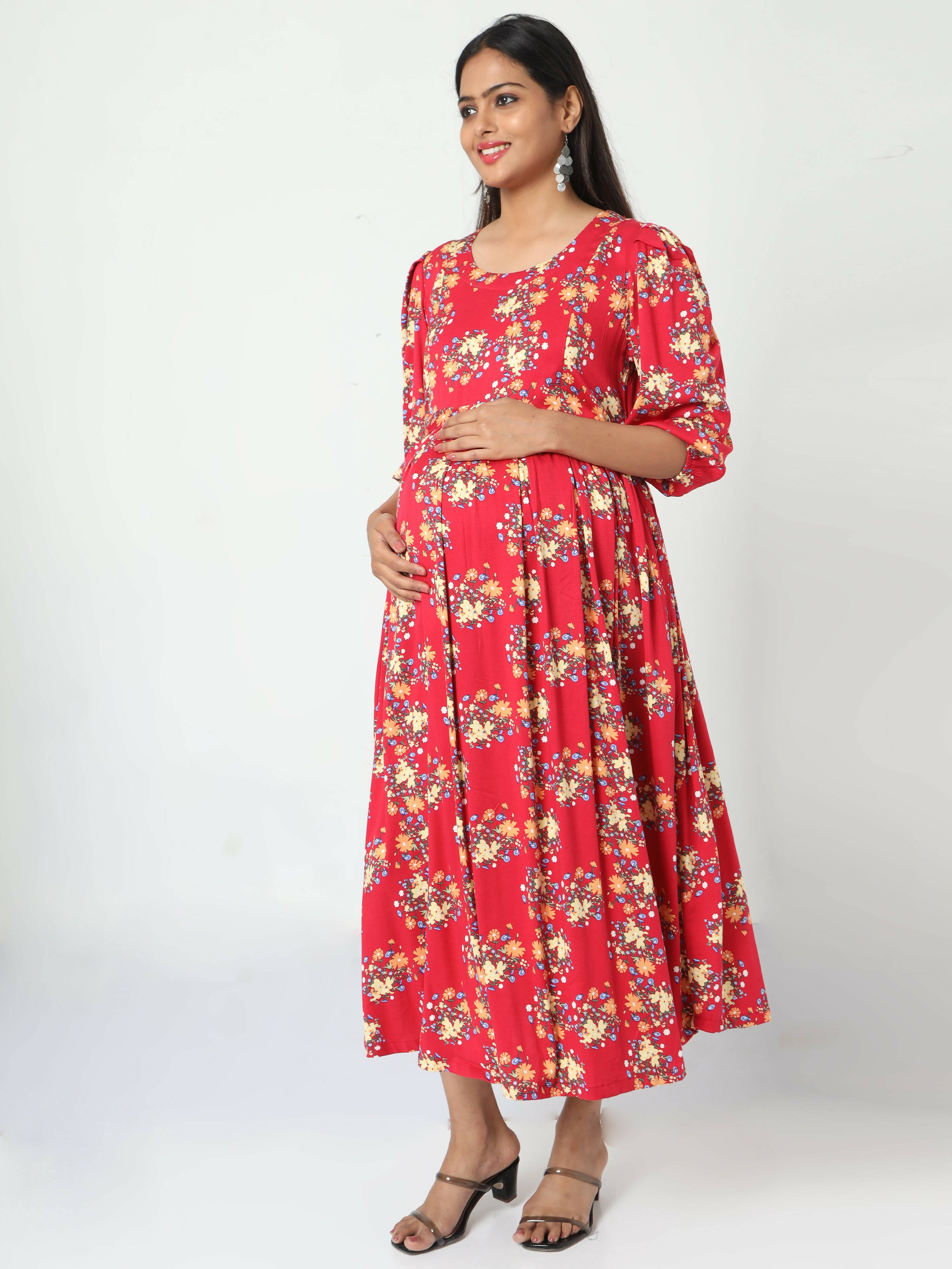 Manet Three Fourth Maternity Dress Floral Print With Concealed Zipper Nursing Access - Red - Distacart