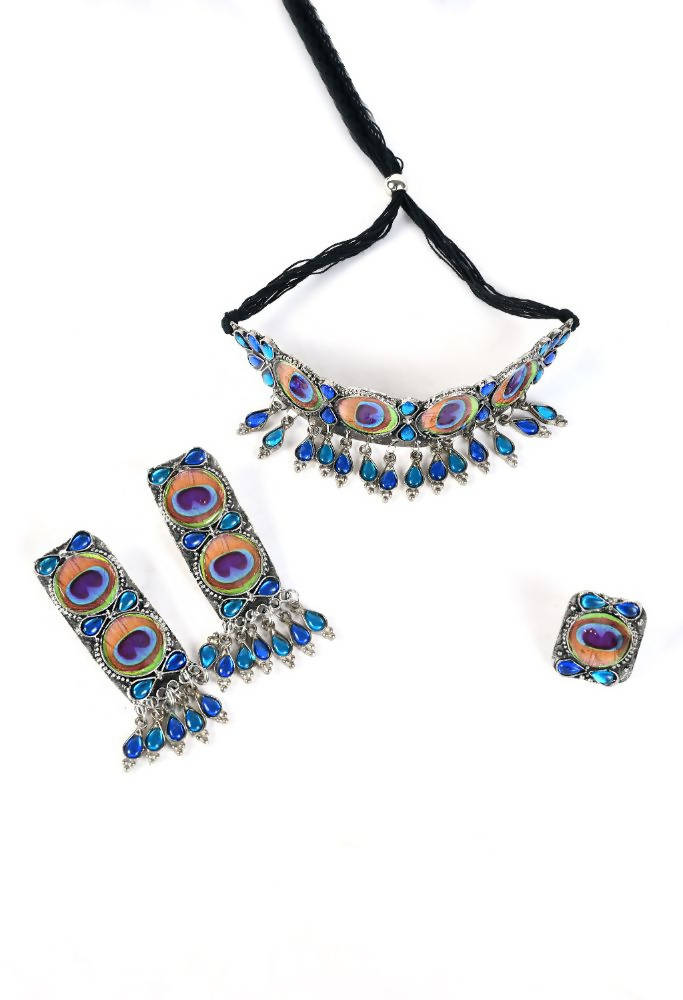 Tehzeeb Creations Peacock Wings Design Necklace Earrings And Ring