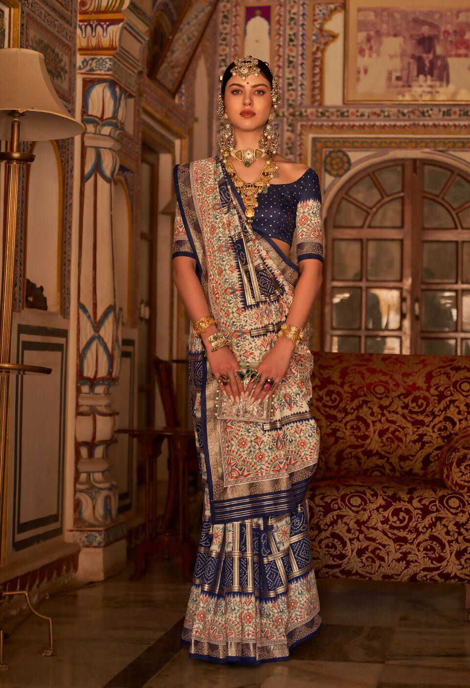 Dark Blue P V Silk Digital Print, Zari Work Printed Saree - Rewaa Parampara - Distacart