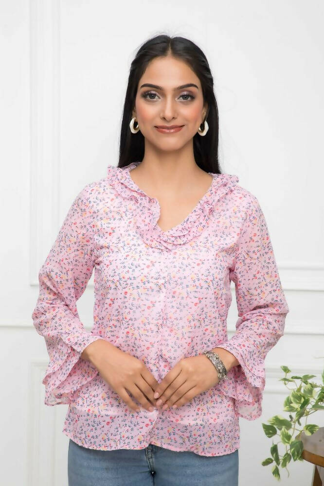 Myshka Women Pink Floral V-Neck Regular Sleeves Synthetic Georgette Top - Distacart