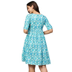 Thumbnail for Blue & White Ethnic Motifs Printed Cotton A-Line Dress - Poonam - Distacart