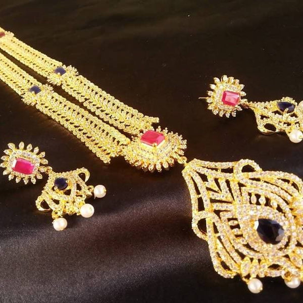 Blue & Pink AD Bridal Long Necklace Set