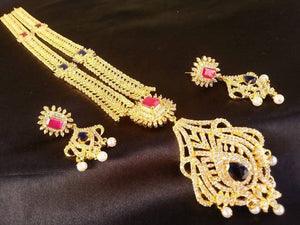 Blue & Pink AD Bridal Long Necklace Set