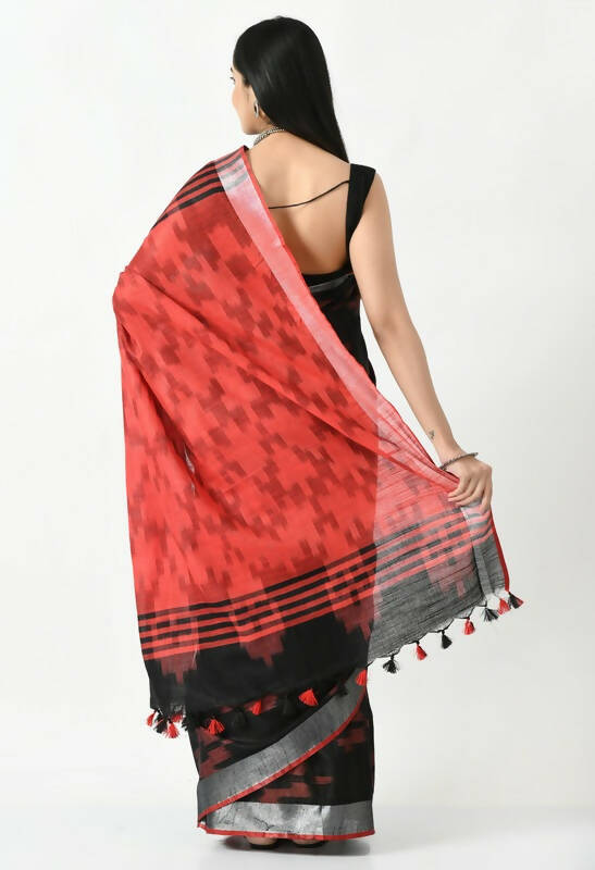 Mominos Fashion Moeza Black & Red Bhagalpuri Handloom Ikat Pure Cotton Saree with unstitched Blouse piece - Distacart