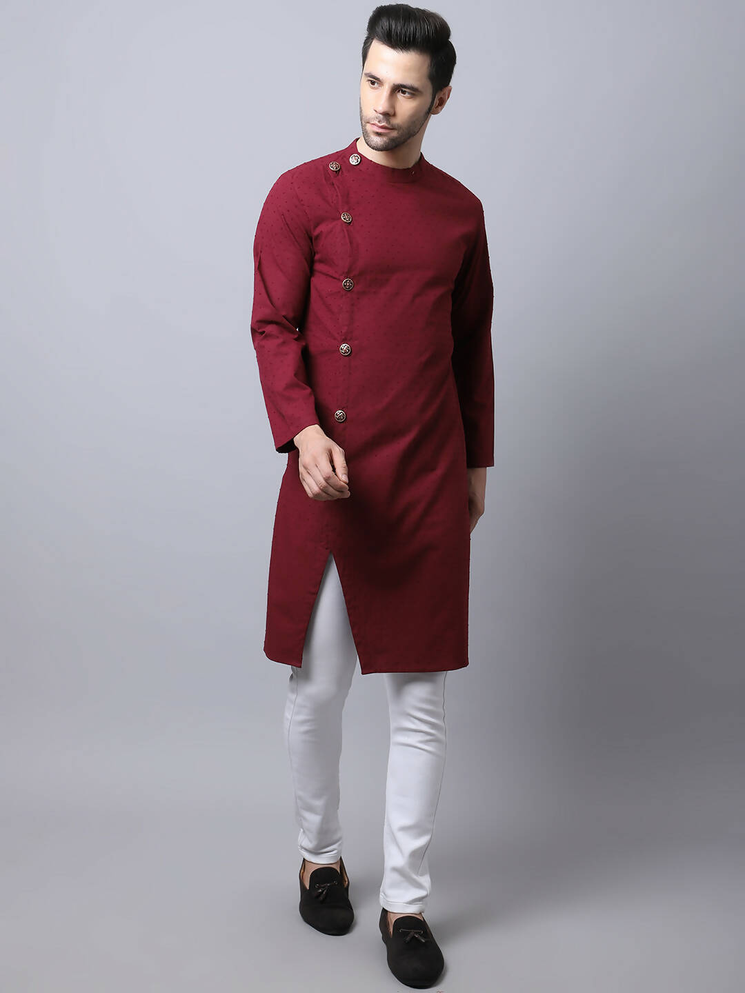 Even Apparels Maroon Pure Cotton Sherwani Kurta With Asymetrical Cut - Distacart