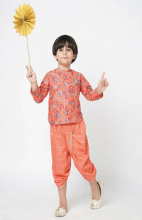 Thumbnail for Lil Drama Golden Weaves Boys Orange Kurta With Dhoti Set - Distacart