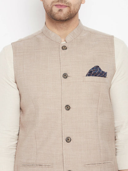 Even Apparels Cream Linen Men's Nehru Jacket-Contrast Lining-Inbuilt Pocket Square - Distacart