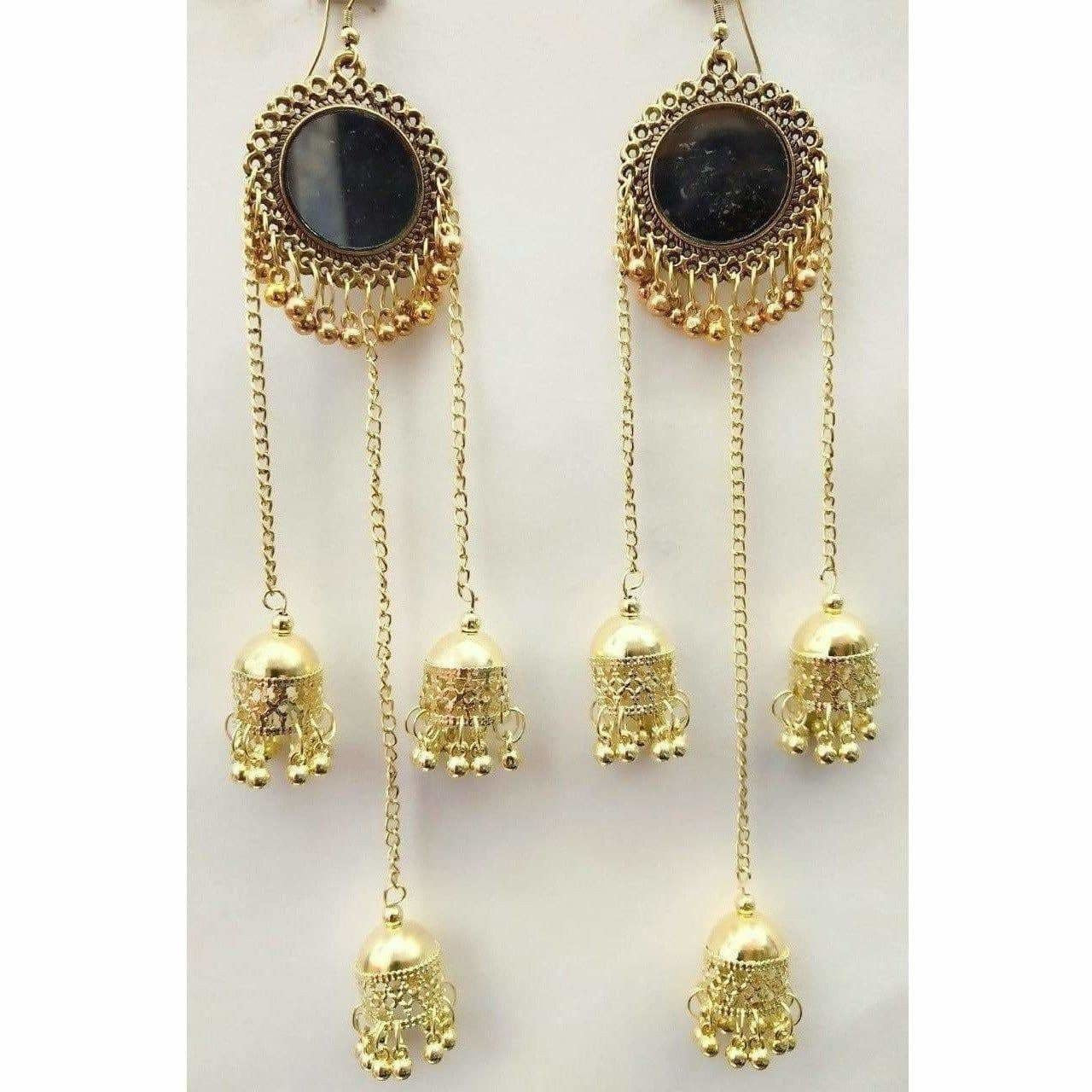 Gold Plated Oxidized Mirror Long Hanging Jhumkas Earrings