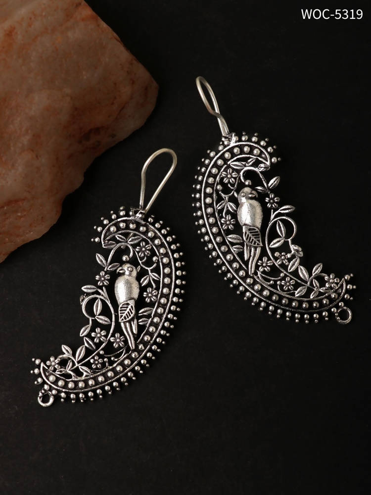 Mominos Fashion Johar Kamal Silver Parrot Hoops and Ghungroo Bali Combo Earrings