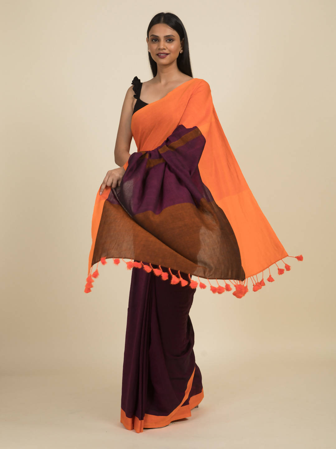 Suta Purple Orange Colourblocked Pure Cotton Saree - Distacart
