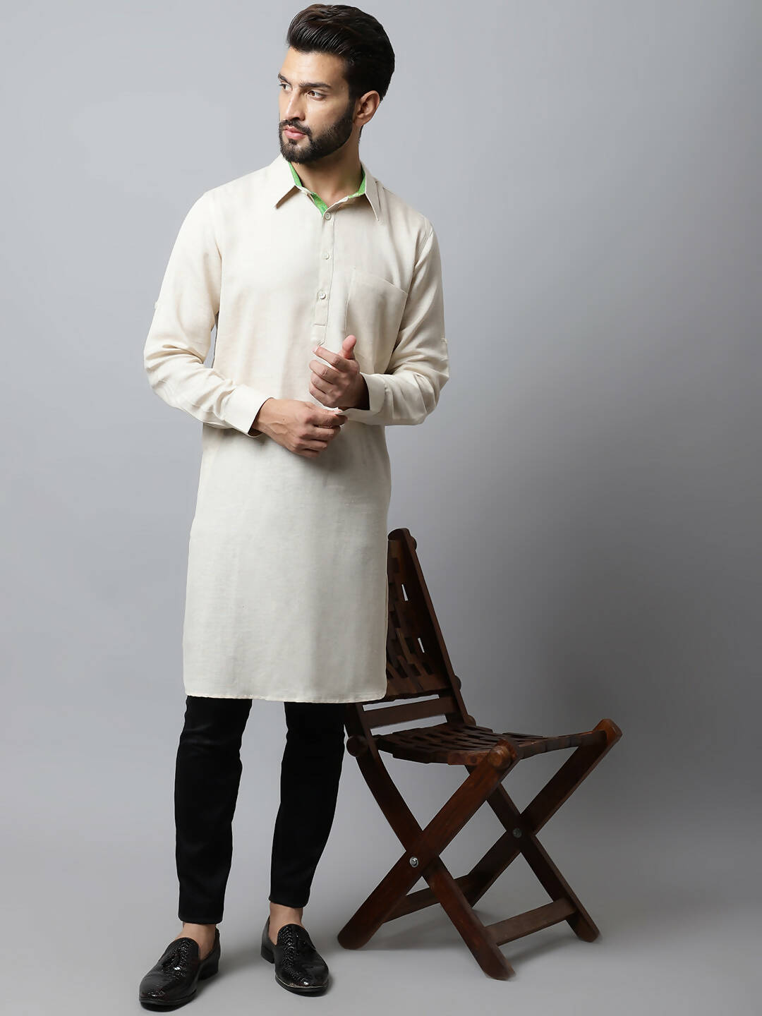 Even Apparels Cream Color Cotton Solid Men's Kurta With Shirt Collar (LN027) - Distacart