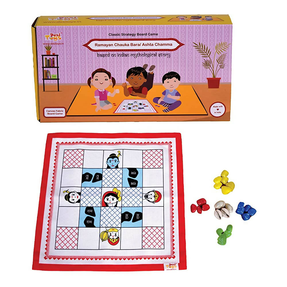 Desi Toys Ramayan Chauka Bara/ Ashta Chamma, Classic Strategy Board Game with Canvas Fabric Board, Based on Indian Mythological Story - Distacart