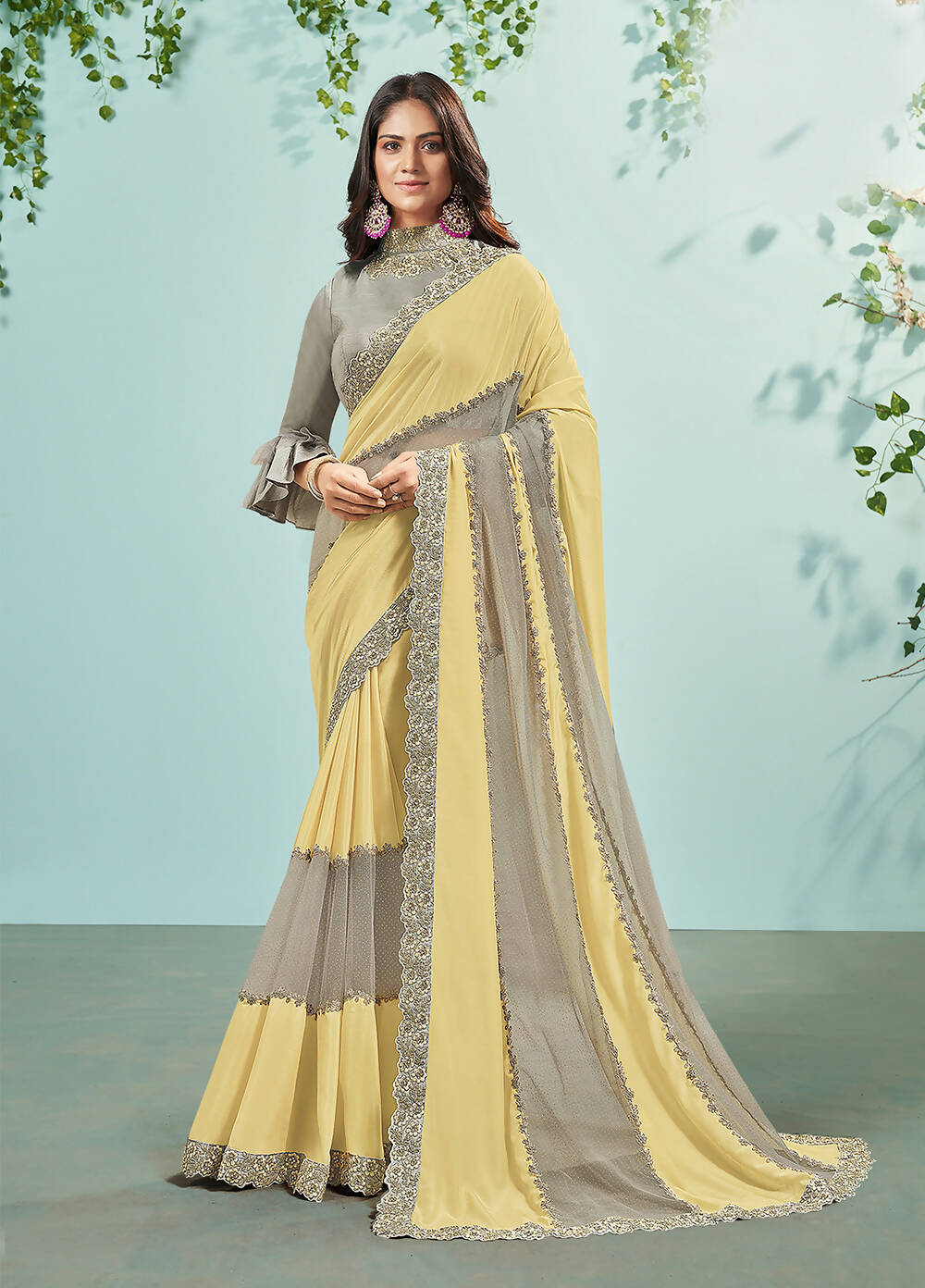 Yellow & Grey Silk Glitter Georgette Texture Saree With Unstitched Blouse Piece - Norita Ikshita - Distacart