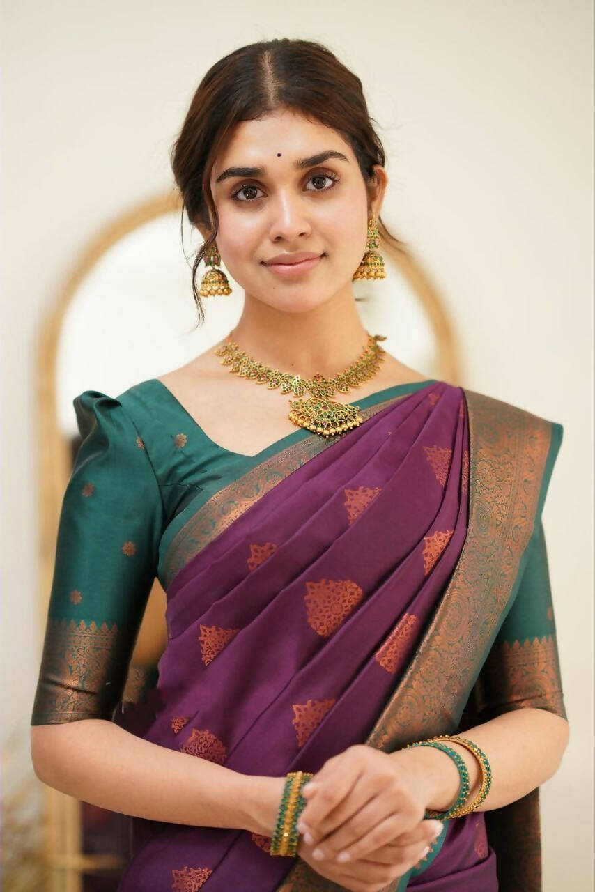 DEIANA'S Beautiful Golden Jari with New Design Soft Lichi Silk Saree - Purple - Distacart