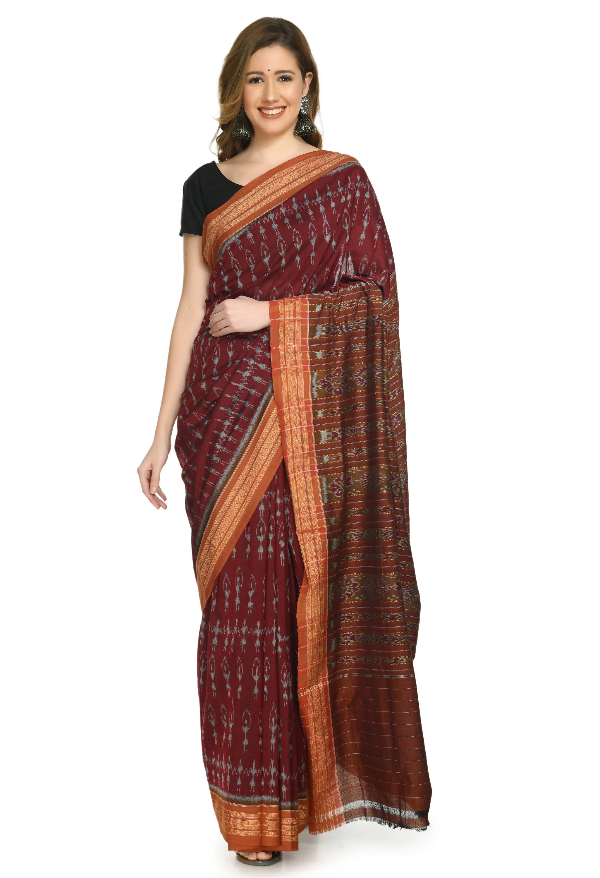 Vamika Sambalpuri Ikat Cotton Dehabandha Black & Maroon Saree - Distacart