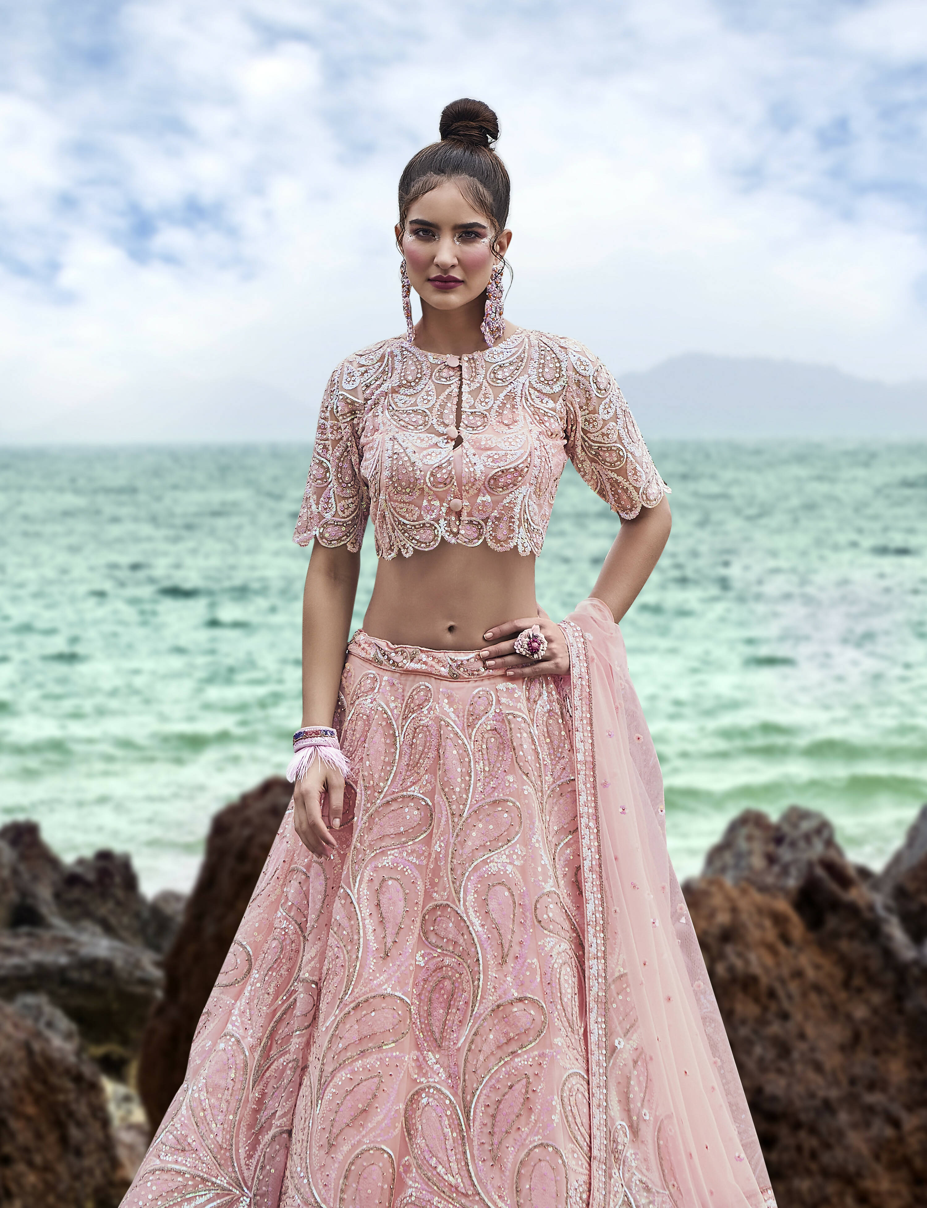 House of Panchhi Coral Net Multi Sequins with heavy Zarkan embroidery Lehenga choli & Dupatta - Distacart