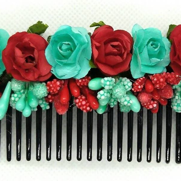 Light Green & Red Flower Hair comb