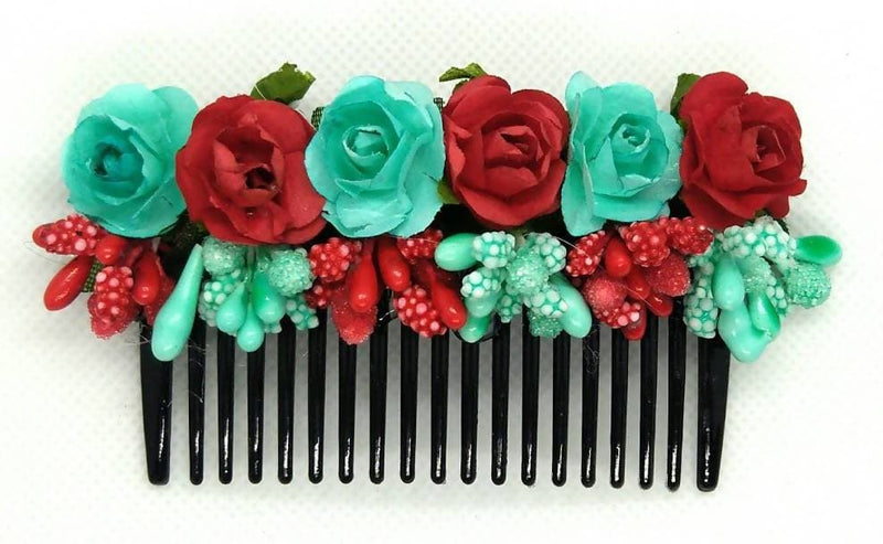 Light Green &amp; Red Flower Hair comb