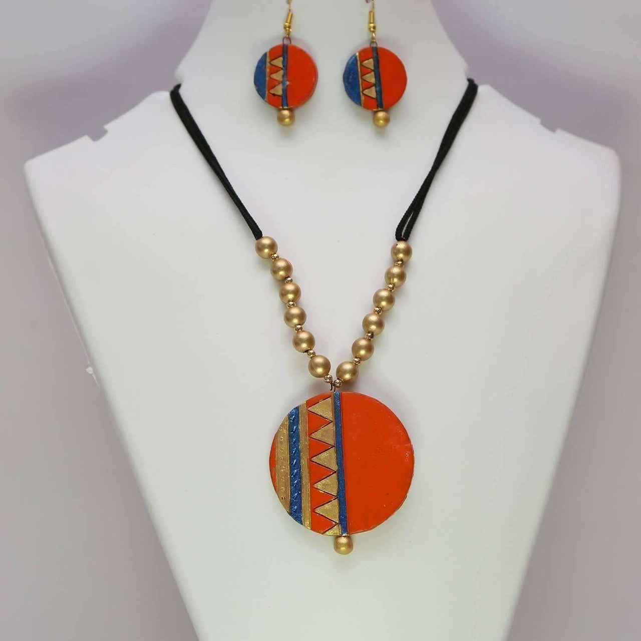 Terracotta Golden Beads with Orange Round Jewelry Set