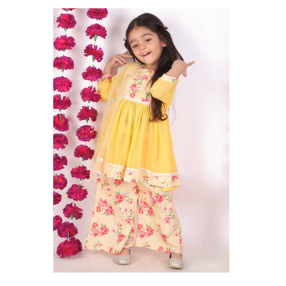 Little Bansi Rose print Kurta Frock with Floral Plazzo and Dupatta - Yellow