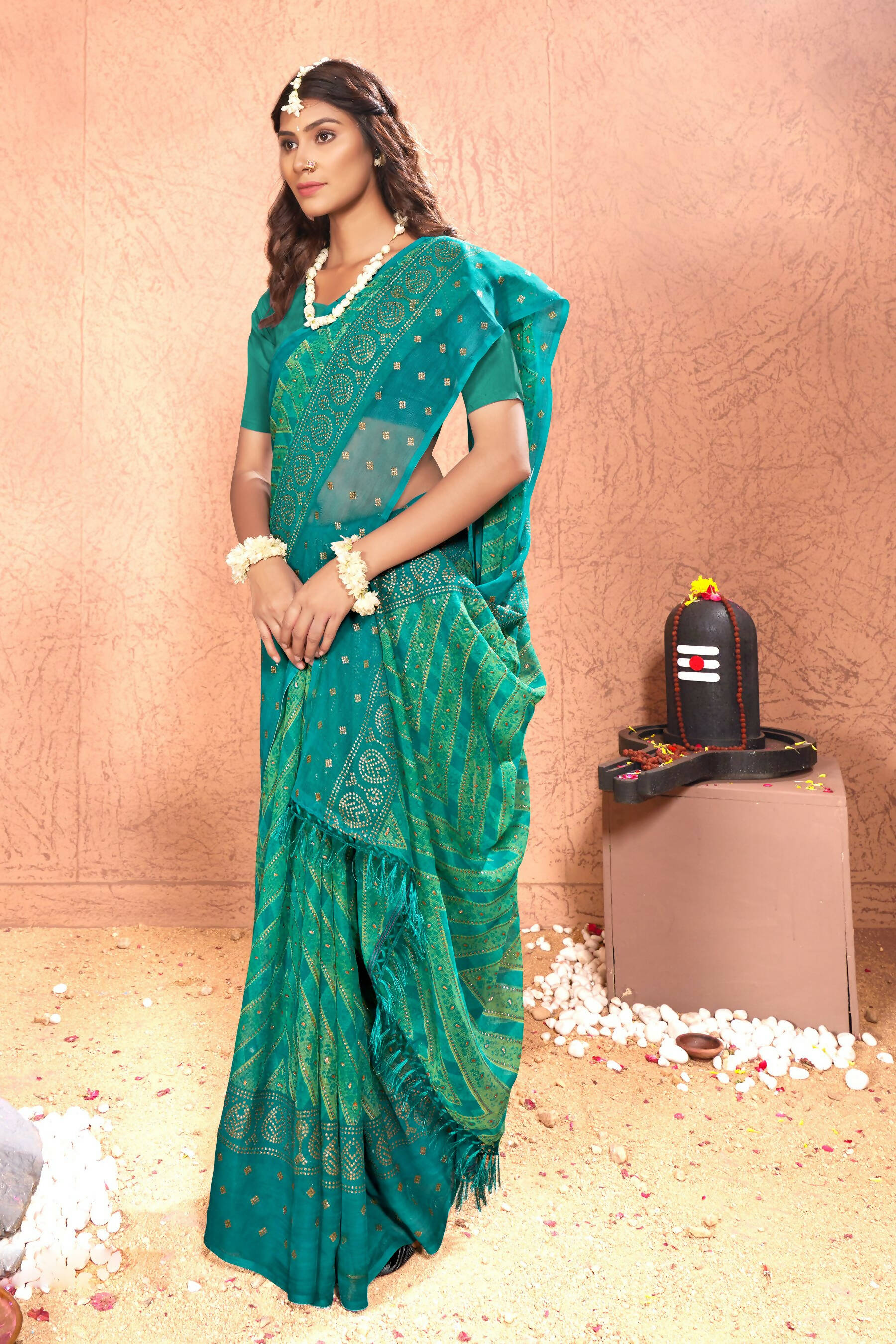 Sea Green Chiffon Foil Printed Saree with Unstitched Blouse Piece - Rajal - Distacart