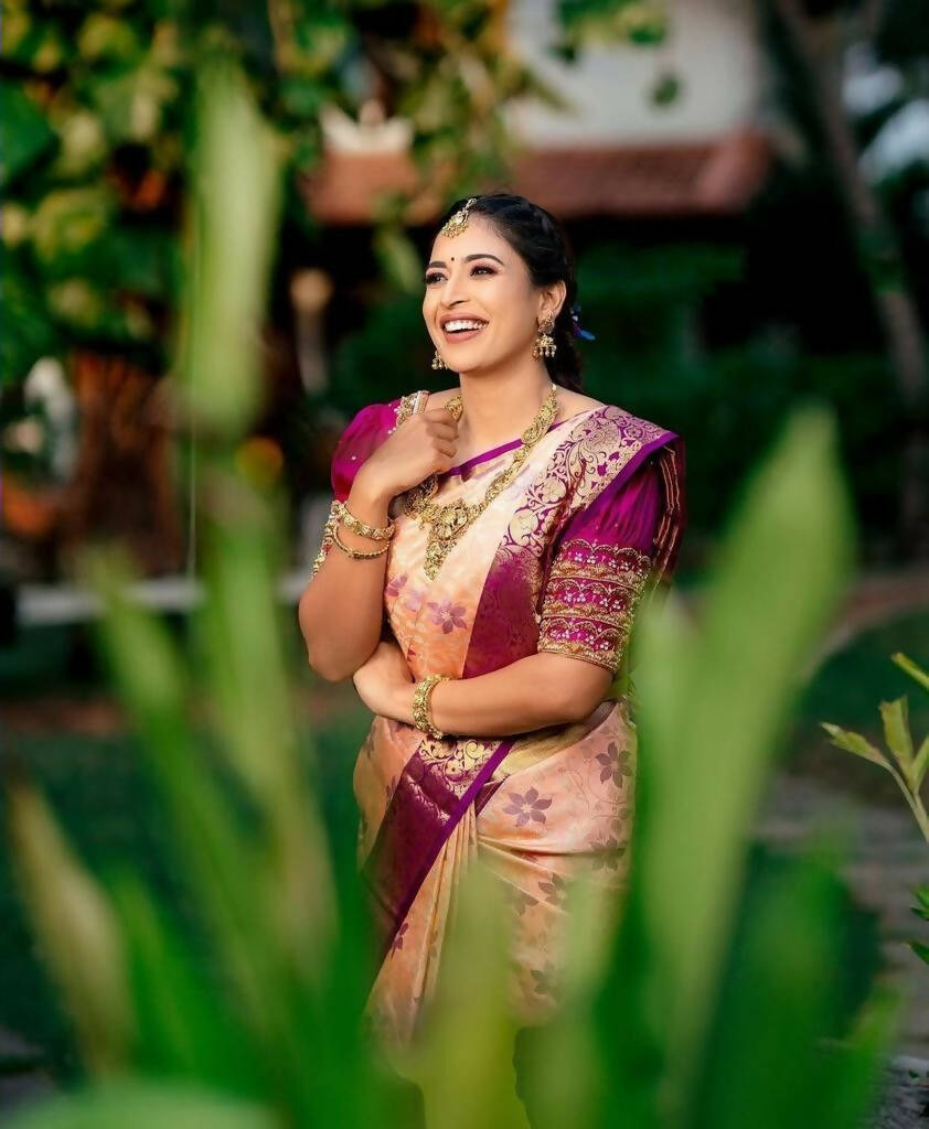 DEIANA'S Beautiful Golden Jari with New Design Soft Lichi Silk Saree - Cream - Distacart
