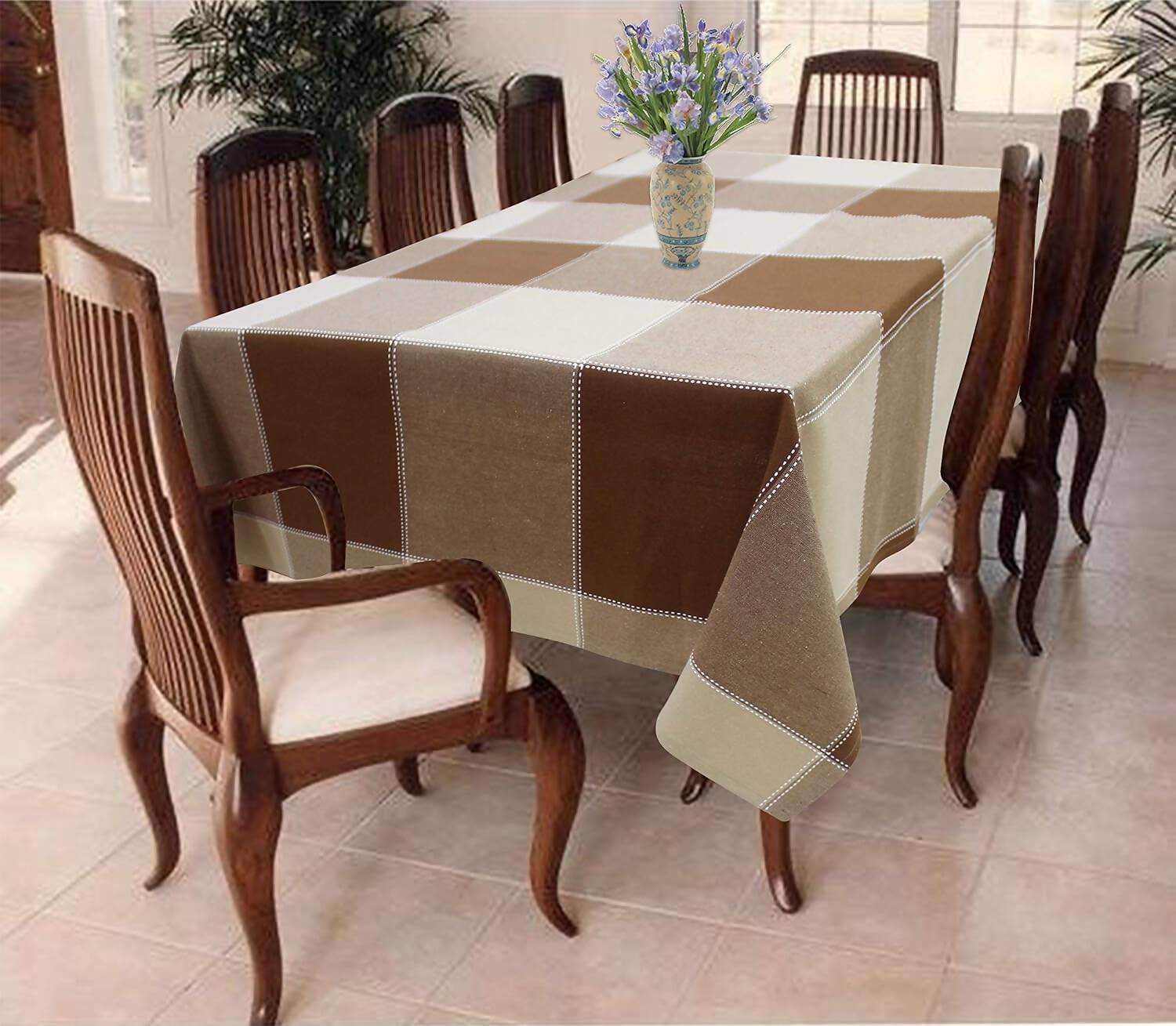 Airwill Cotton Checkered Pattern 8 Seater Rectangle Table Cover - Brown - Distacart