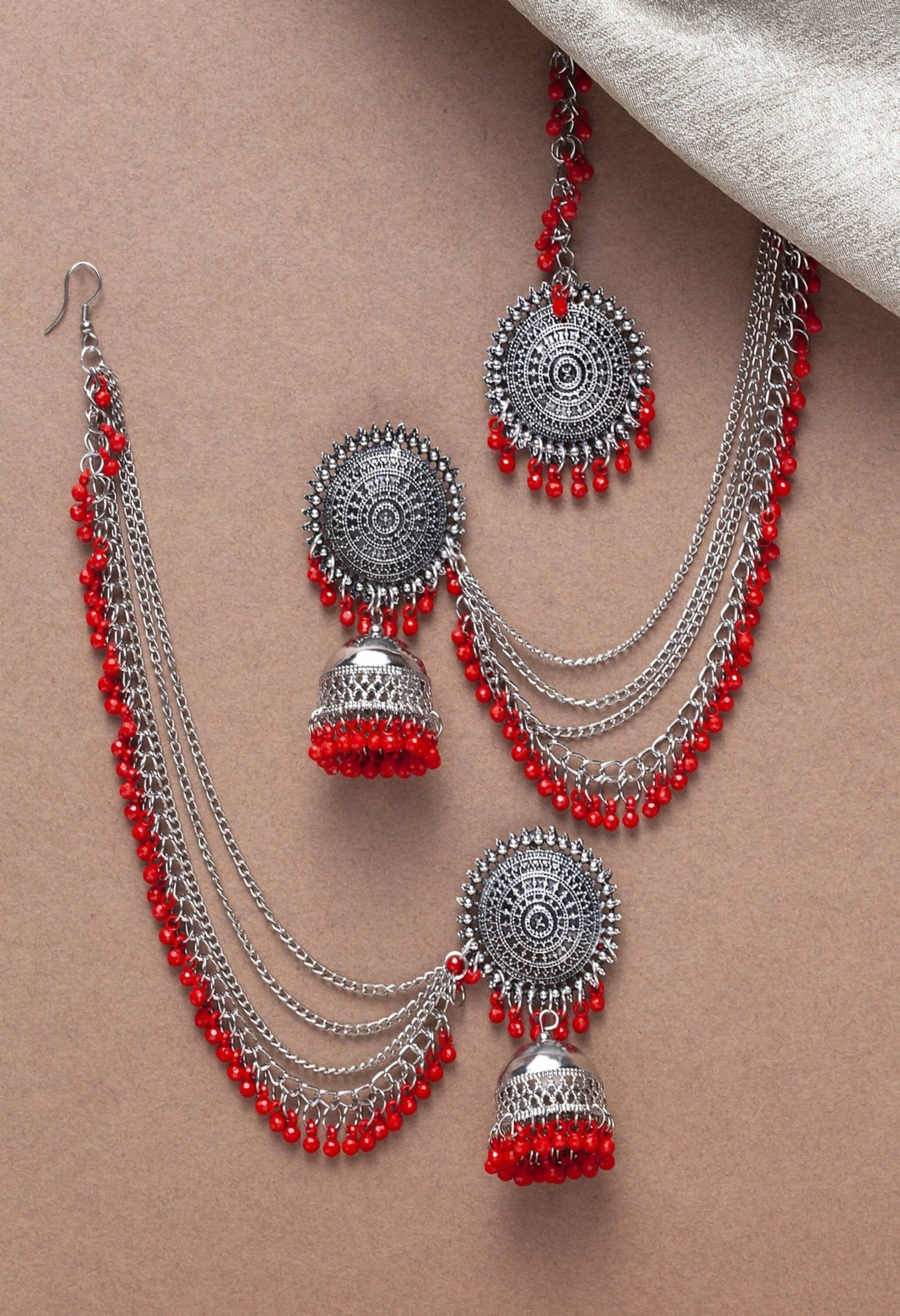 Mominos Fashion Johar Kamal Bahubali Red Beads Earrings With Tikka - Distacart