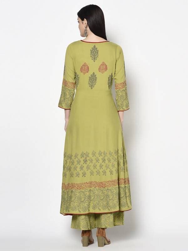 Aniyah Rayon Parrot Green Color Block Print Anarkali Palazzo Set (AN-194K)
