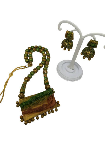 Terracotta Green and Gold Kerala Style Rowing Boat Pendant Long Necklace Set with Temple Earrings