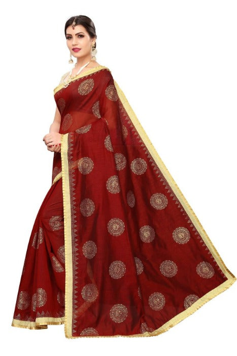 Vamika Chanderi Cotton Foil Print Maroon Sarees