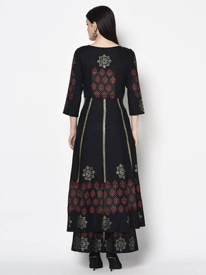 Aniyah Rayon Black Color Block Print Anarkali Palazzo Set (AN-186K)