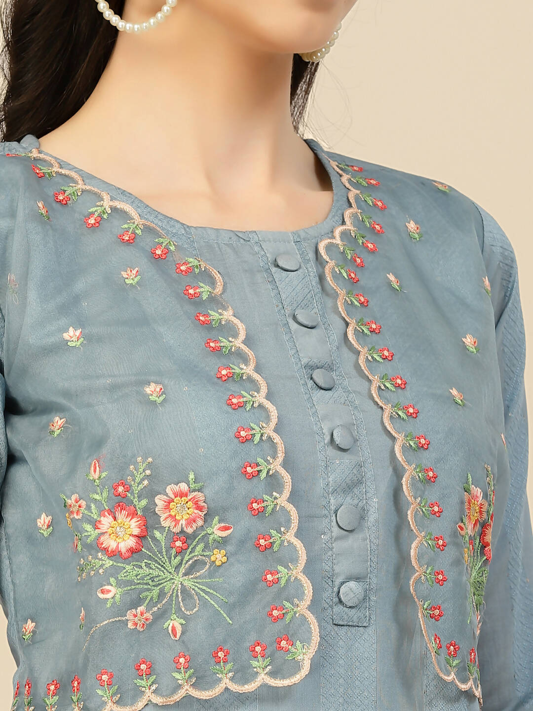 Sky Blue Embroidered Chinon Straight Kurta With Trouser & Dupatta - Salimar - Distacart