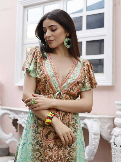 Sea Green Rayon Foil Printed Long Dress - Michan - Distacart