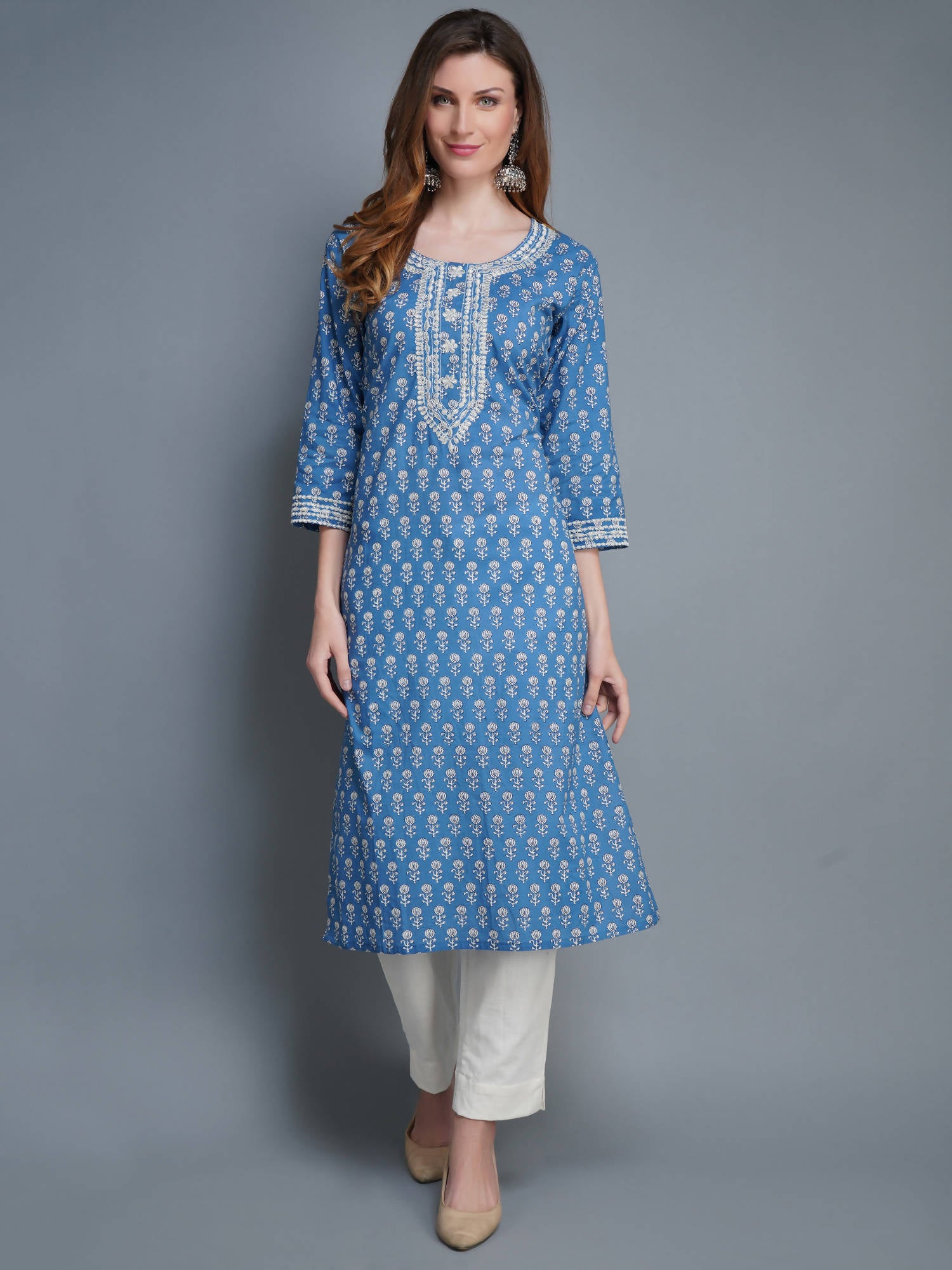 Shehnaai Blue Colour Cotton Kurta With Floral Motifs