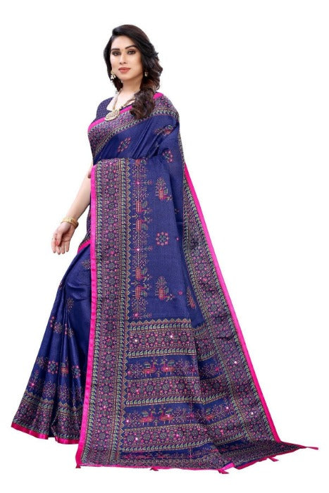 Vamika Navy Mirror Work With Jhalar Khadi Silk Saree 
