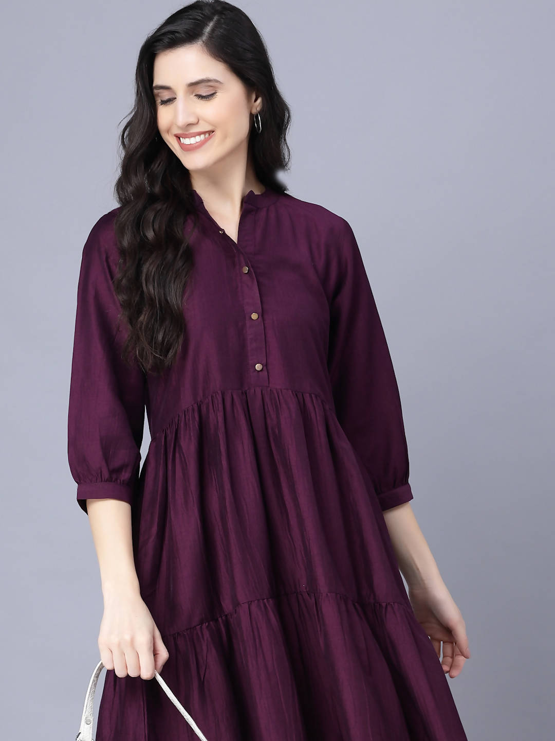 Myshka Silk Solid 3/4 Sleeve V Neck Purple Women Dress - Distacart