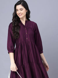 Thumbnail for Myshka Silk Solid 3/4 Sleeve V Neck Purple Women Dress - Distacart