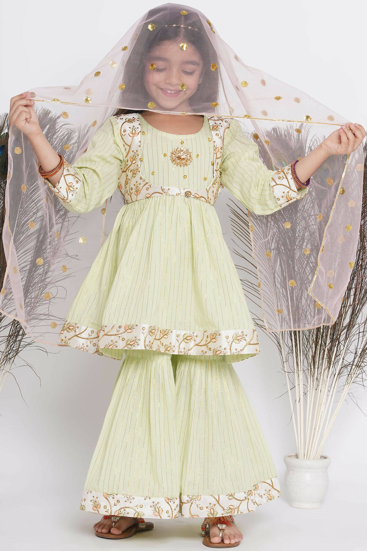 Little Bansi Floral Embroidery Jacket With Cotton Lurex Frock Sharara And Dupatta With Ghungroo Handwork - Bottle Green - Distacart