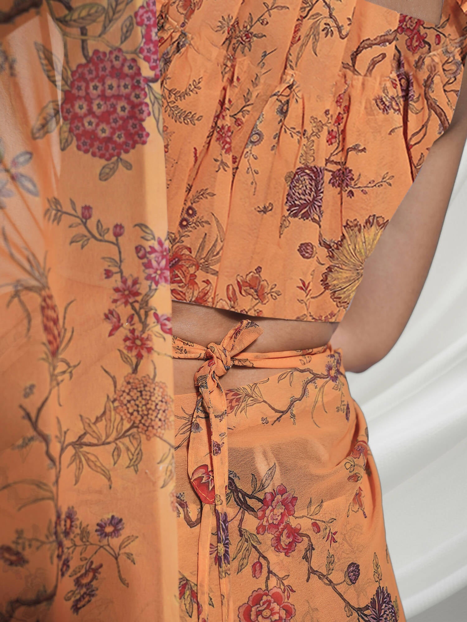 Orange Georgette Floral Printed Saree With Unstitched Blouse Piece - Rajal - Distacart