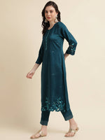 Thumbnail for Teal Chinon Silk Embroidered Straight Kurta with Trouser & Dupatta - Salimar - Distacart